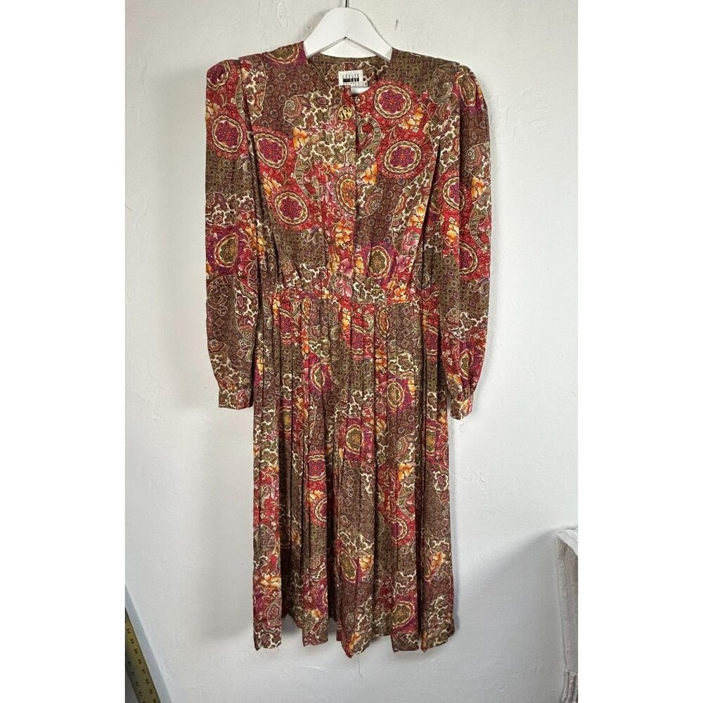 Vintage Leslie Fay Petite Paisley Midi Dress 14 Puff Sleeve Button-Front Brown